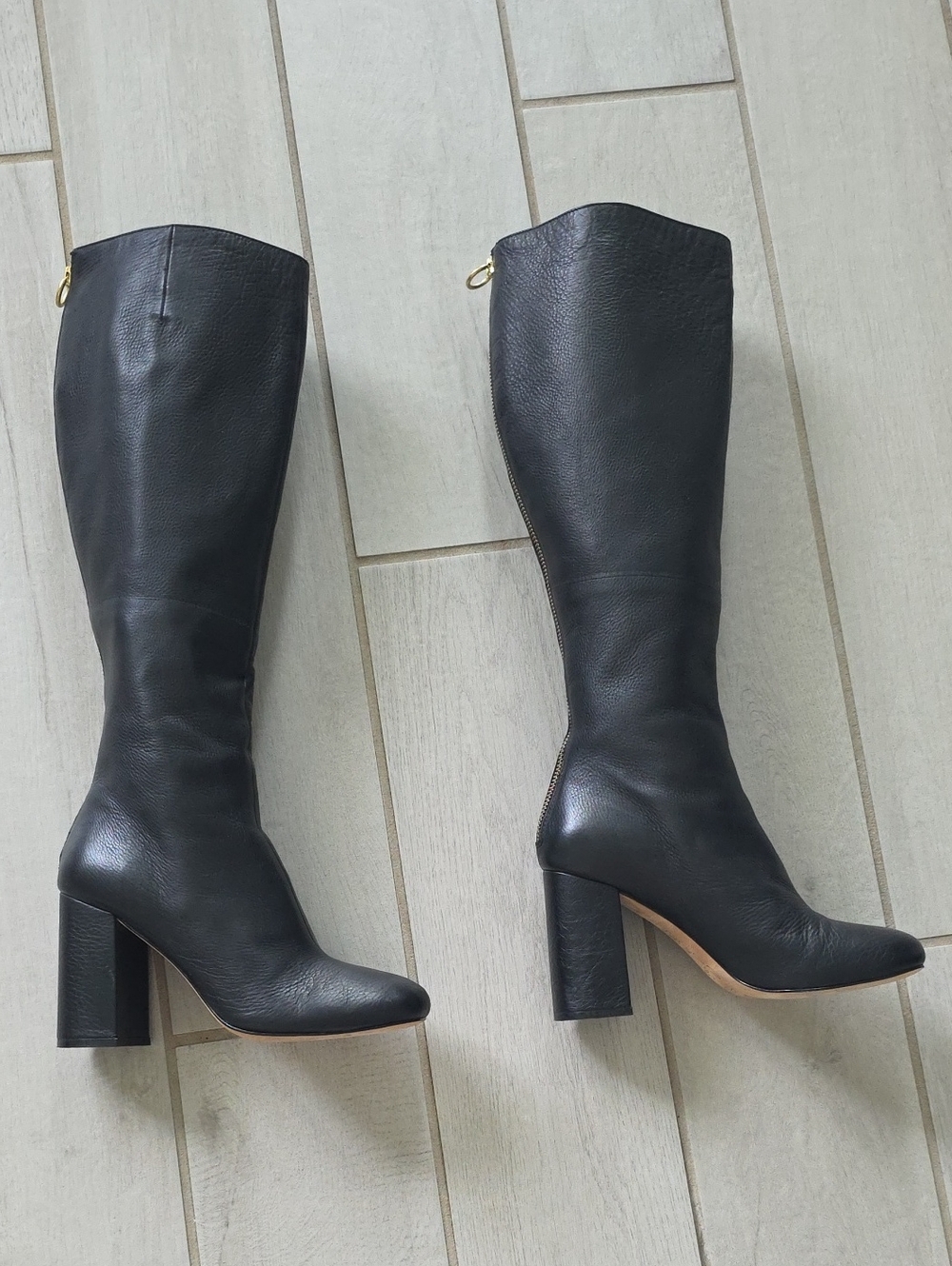 Joie black pebbled leather knee-high boots with a structured block heel